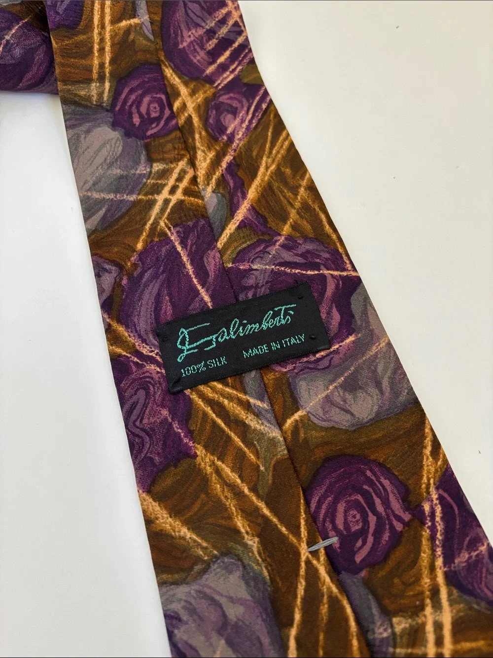 Vintage Galimberti Made In Italy Silk Neck Tie Brown Purple Abstract